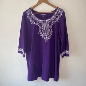 Woman Within Purple Embroidered Tunic Top Size 1X Boho Cotton 3/4 Sleeve Plus SZ